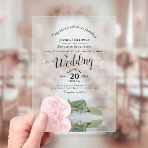 Elegante Blush Pink Rose Lacy Calligraphy Wedding Acryleinladungen