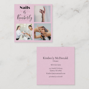 Elegante Blush-Pink-Schwarze-Script-3-Foto-Nagelsa Quadratische Visitenkarte