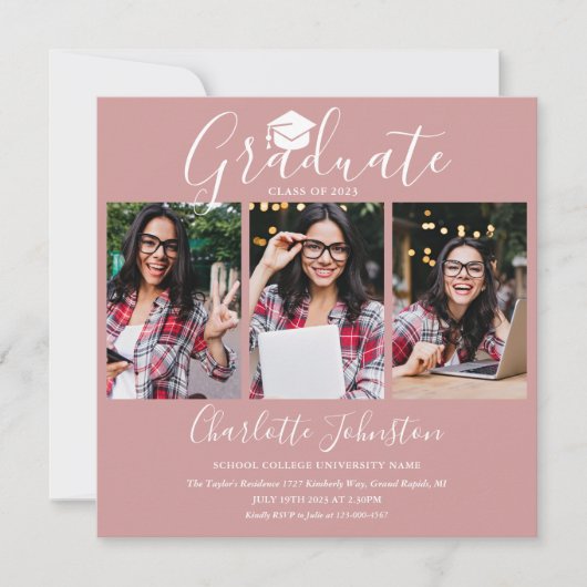 Elegante Blush Pink Script 4 Foto Graduation Party Einladung (Vorderseite)