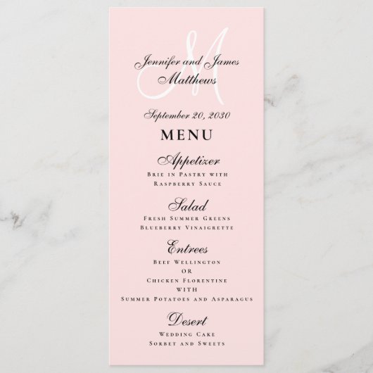 Elegante Blush Pink Script Monogram Wedding Menükarte (Vorderseite)