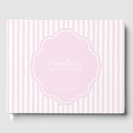 Elegante Blush Pink Striped Girl Babydusche Gästebuch (Vorderseite)