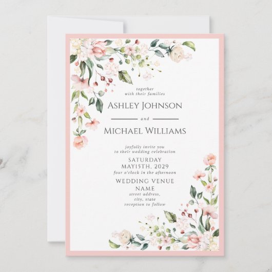 Elegante Blush Pink Wasserfarben Blumenzehen Einladung (Vorderseite)