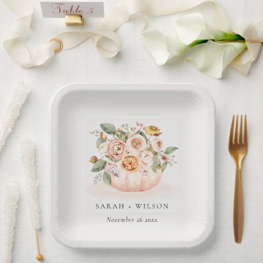 Elegante Blush Pink White Pumpkin Floral Wedding Pappteller (Hochzeit)