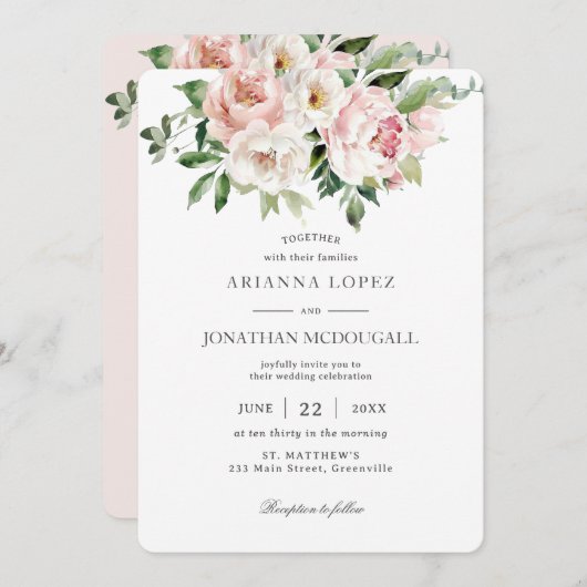 Elegante Blush Pink White Roses Blumenhochzeit Einladung (Vorne/Hinten)