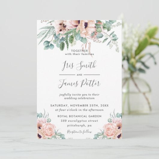 Elegante Blush Poppy Rose Blumengrün Hochzeit Einladung (Stehend Vorderseite)