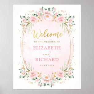 Elegante Blush-Rosa Gold-Blumen-Hochzeitsbegrüßung Poster