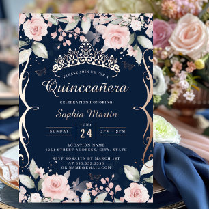 Elegante Blush-Rosa-Navy-Roségold-Quinceanera  Folieneinladung