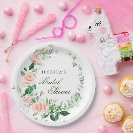 Elegante Blush Rose Blumengrün Brautparty Pappteller (Party)