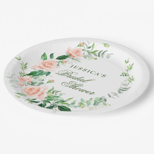 Elegante Blush Rose Blumengrün Brautparty Pappteller (Schrägansicht)