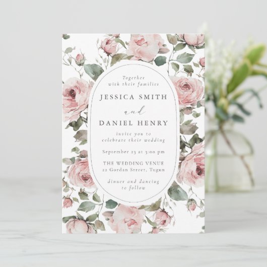 Elegante Blush Rose Blumenhochzeit Einladung (Stehend Vorderseite)