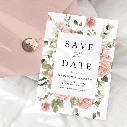 Elegante Blush Rose Garden Wedding Save The Date
