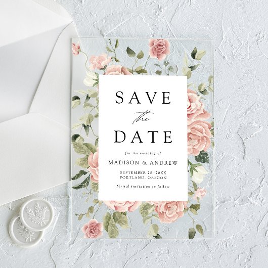 Elegante Blush Rose Garden Wedding Save the Date Acryleinladungen
