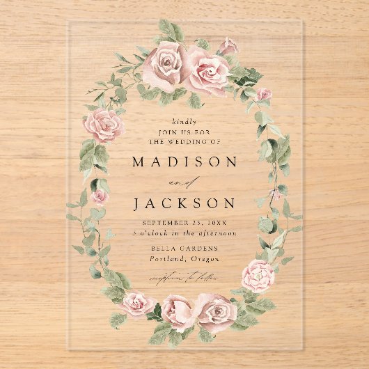 Elegante Blush Rose und Grüne Hochzeit Acryleinladungen (Vorderseite)