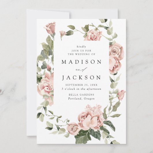 Elegante Blush Rose und Grüne Hochzeit Einladung (Vorderseite)