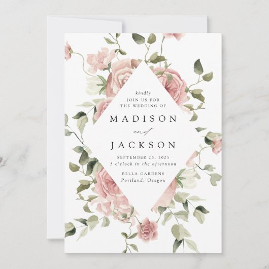 Elegante Blush Rose und Grüne Hochzeit Einladung (Vorderseite)