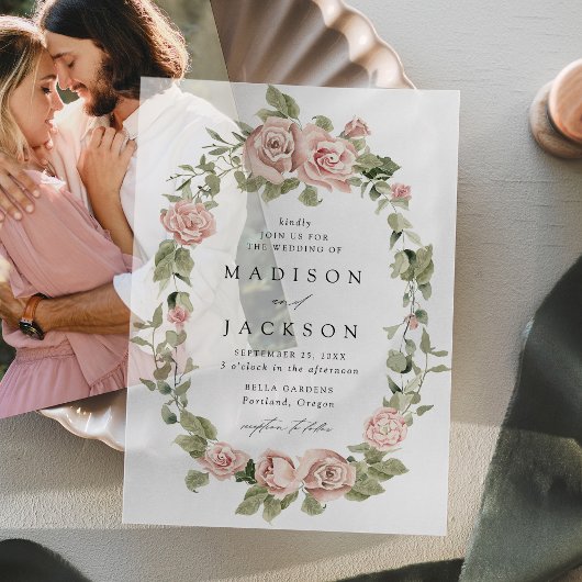 Elegante Blush Rose und Grüne Hochzeit Pergament Einladungen