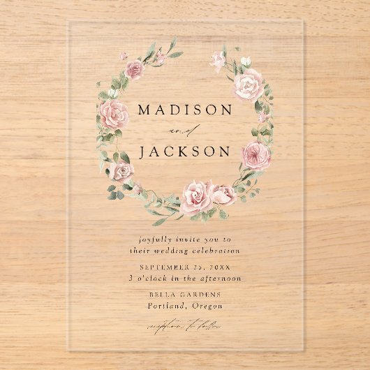 Elegante Blush-Rose und Grünkreidefeier Acryleinladungen (Vorderseite)