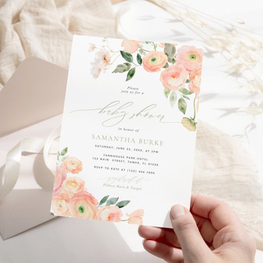 Elegante Blush & Sage Green Baby Dusche Einladung