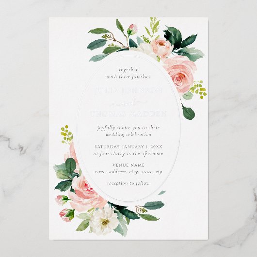 Elegante Blush Silver Floral Wedding Folieneinladung (Vorderseite)