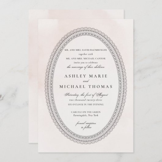 Elegante Blush und Black Watercolor Lace Wedding Einladung (Vorne/Hinten)