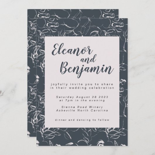 Elegante Blush und graue Botanische Blumenhochzeit Einladung (Vorne/Hinten)