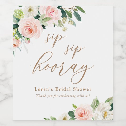 Elegante Blush Wasserfarbe Blumenstrauß Sip Hooray Weinetikett (Einzelnes Label)
