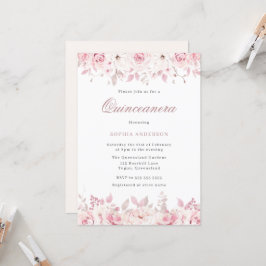 Elegante Blush Wasserfarben Rose Quinceanera Einladung