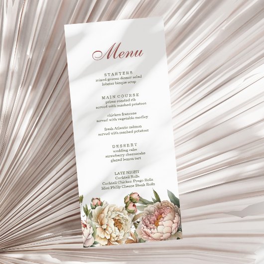 Elegante Blush Watercolor Peonies Menu Card Menükarte