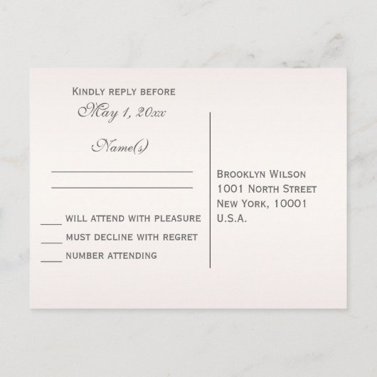 Elegante Blush Wedding RSVP Postkarten (Rückseite)