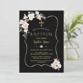Elegante Blush White Blume Gold Black Taufen Einladung (Stehend Vorderseite)