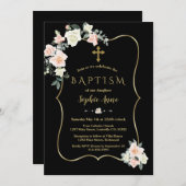 Elegante Blush White Blume Gold Black Taufen Einladung (Vorne/Hinten)