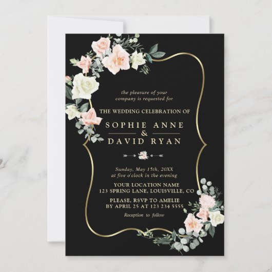 Elegante Blush White Blume Gold Black Wedding Einladung (Vorderseite)