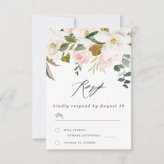 Elegante Blush & White Florals Moderne Hochzeit RSVP Karte (Vorderseite)