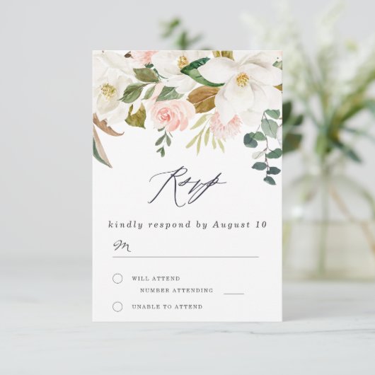 Elegante Blush & White Florals Moderne Hochzeit RSVP Karte (Stehend Vorderseite)