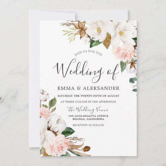 Elegante Blush & White Wassercolor Blume Hochzeit Einladung (Vorderseite)