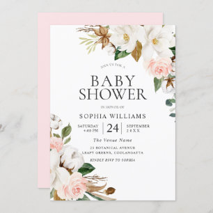 Elegante Blush White Watercolor Blume Babydusche Einladung