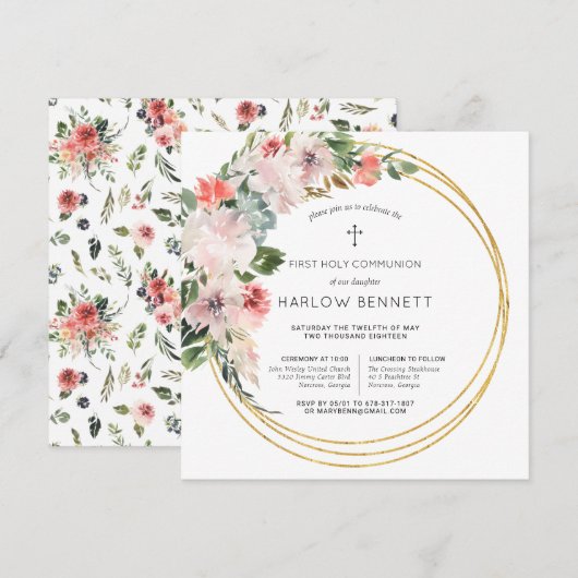 Elegante Blüten Erste Heilige Kommunion Einladung (Vorne/Hinten)