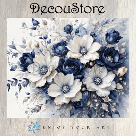 Elegante Blüten in Blau-Weiß-Dekupage Seidenpapier