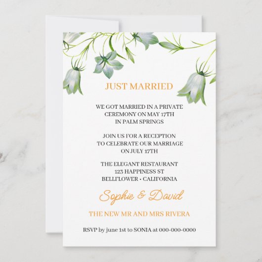 Elegante Blütenblume Nur verheiratet Hochzeit Einladung (Vorderseite)