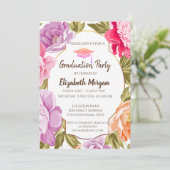 Elegante Blütendecke, Glitzer Graduation Cap Einladung (Stehend Vorderseite)