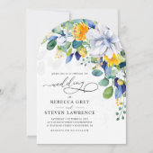 Elegante Blütengelb-blaue Bogenhochzeit Einladung (Vorderseite)
