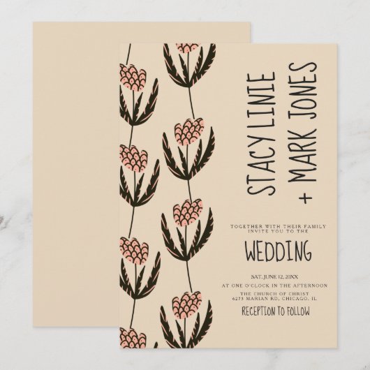 Elegante Blütenhandzeichnung Extravaganter Script- Einladung (Vorne/Hinten)