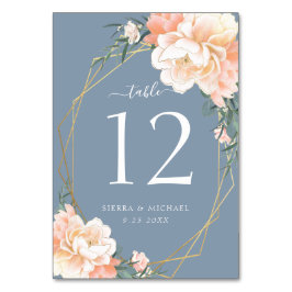 Elegante Blütenpfirsich Dusty Blue Gold Wedding Tischnummer