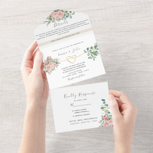 Elegante Blütenrosa Hochzeit in einem All In One Einladung (Abreißen)