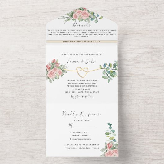 Elegante Blütenrosa Hochzeit in einem All In One Einladung (Innen Boden)