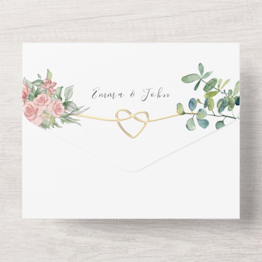 Elegante Blütenrosa Hochzeit in einem All In One Einladung (Rückseite)