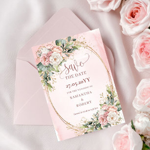 Elegante Bohemian-Hochzeitseinladung in Rosa mit G Save The Date