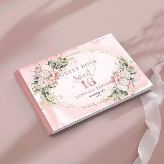 Elegante Bohemian-Rosa Blumen-Grün-Gästebuch Gästebuch