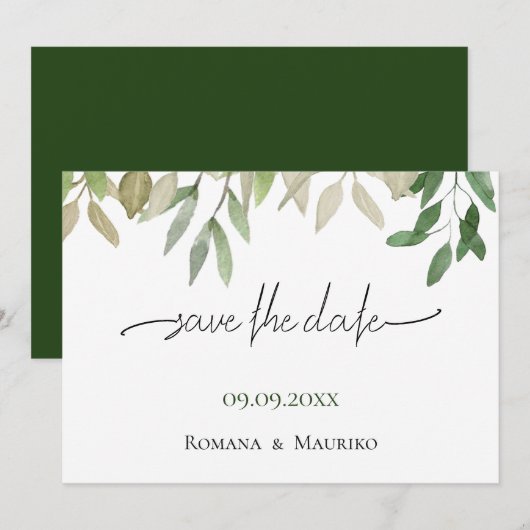 Elegante Bohemische Grüne Hochzeit Save The Date (Vorne/Hinten)
