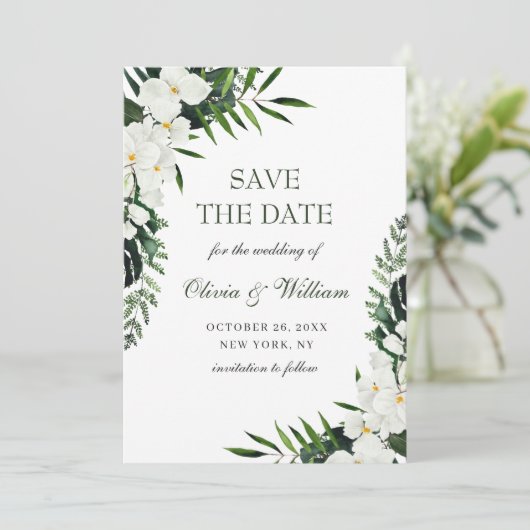 Elegante Bohemische Hochzeit im Weißen Orchid Save The Date (Stehend Vorderseite)